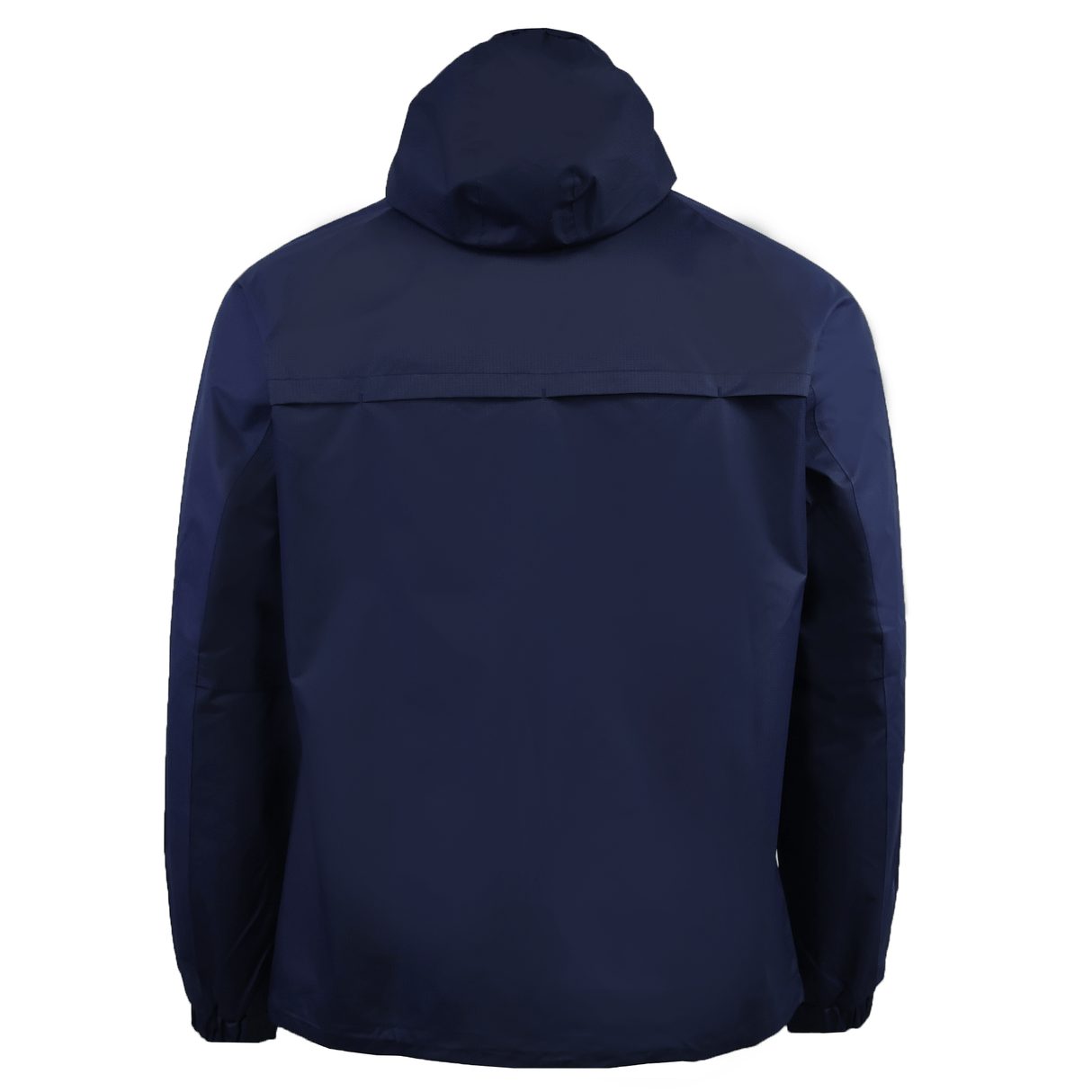 The USA Rugby 25/26 Rain Jacket by Macron is a navy blue waterproof jacket shown from the back, featuring long sleeves and a plain design without any visible logos or patterns.