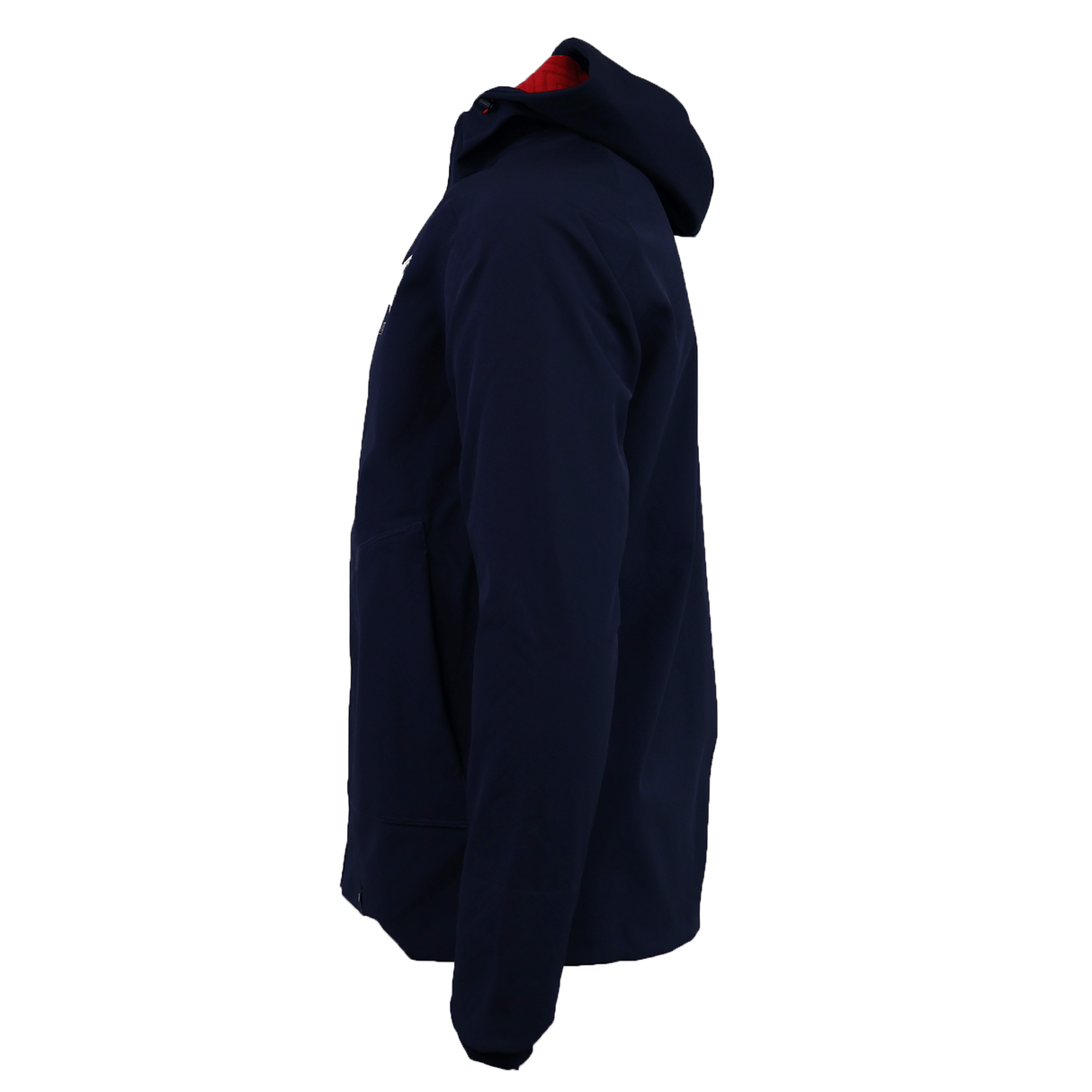 Side view of the USA Rugby 25/26 Athleisure Softshell Jacket by Macron on a mannequin, featuring a dark exterior and red lining visible at the neck.