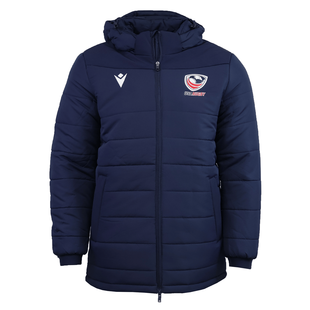The USA Rugby 25/26 Padded Jacket by Macron features a navy blue design, hood, front zipper, and USA Rugby and Macron logos on the chest.