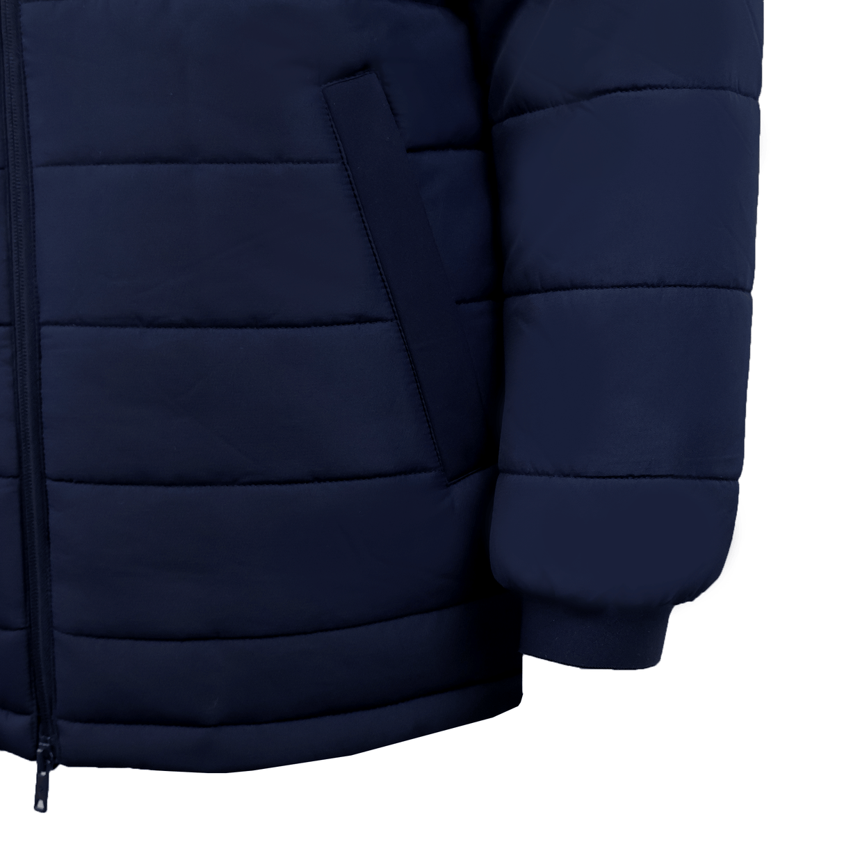 A close-up of the USA Rugby 25/26 Padded Jacket by Macron, featuring a navy blue color, zipper closure, and slanted side pocket.