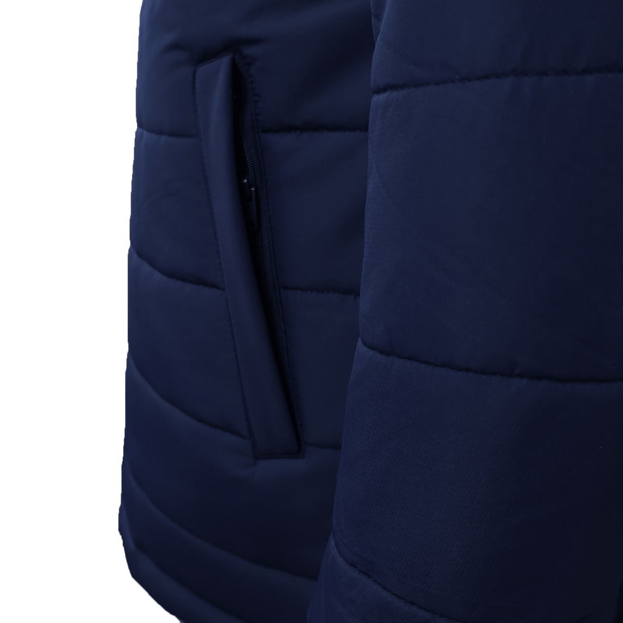 Close-up of the USA Rugby 25/26 Padded Jacket by Macron in navy blue, highlighting the detailed stitching and a vertical zippered side pocket.