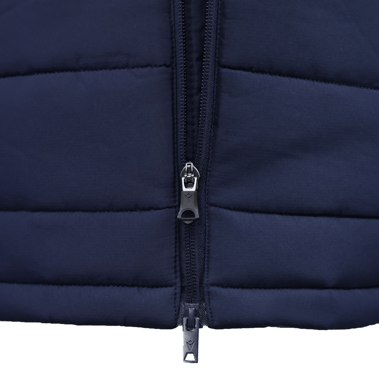 Close-up of the USA Rugby 25/26 Padded Jacket by Macron in navy blue, featuring horizontal stitching and a double zipper, partially unzipped.