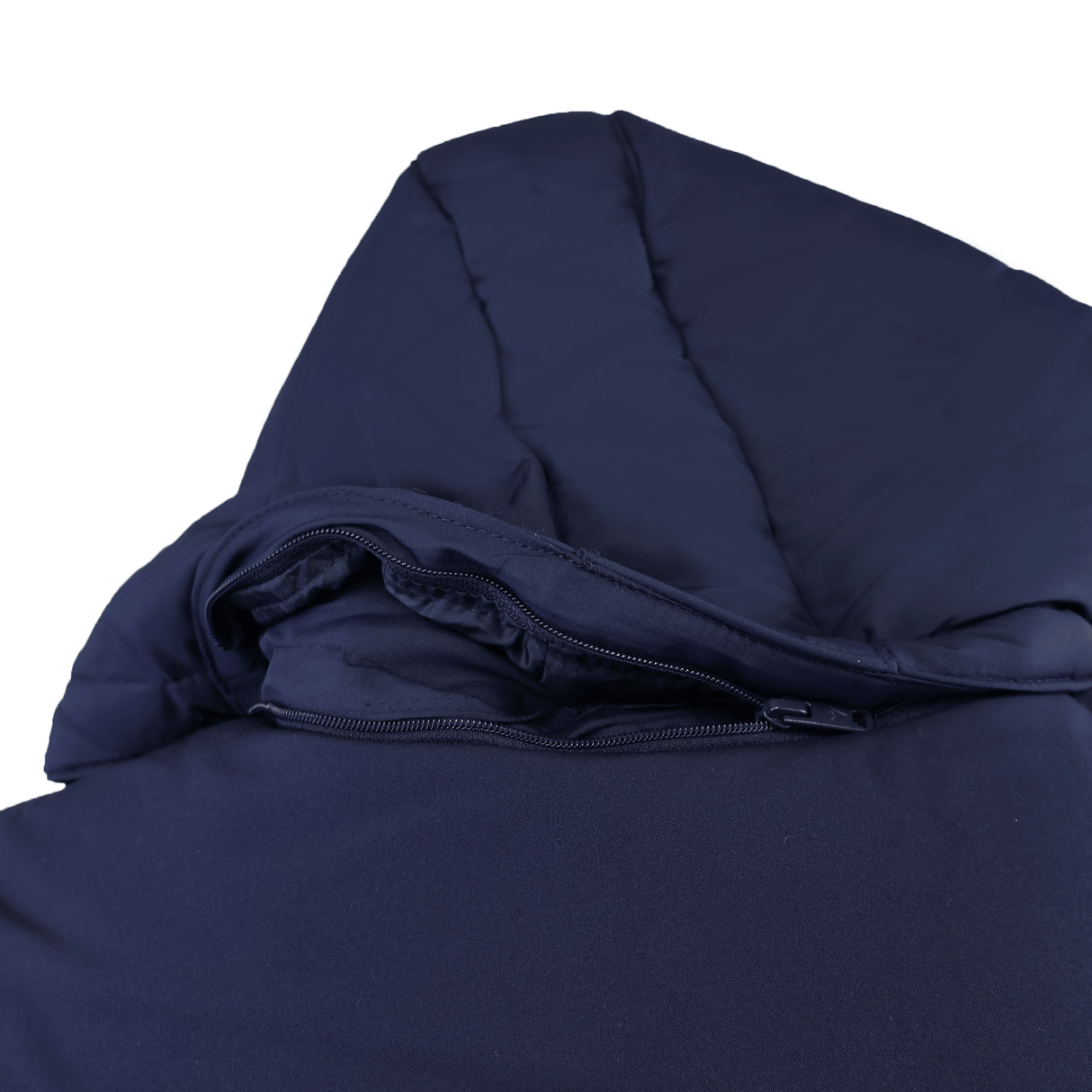 Close-up of the back of the USA Rugby 25/26 Padded Jacket by Macron in dark navy, featuring a visible zipper along the base of the hood.