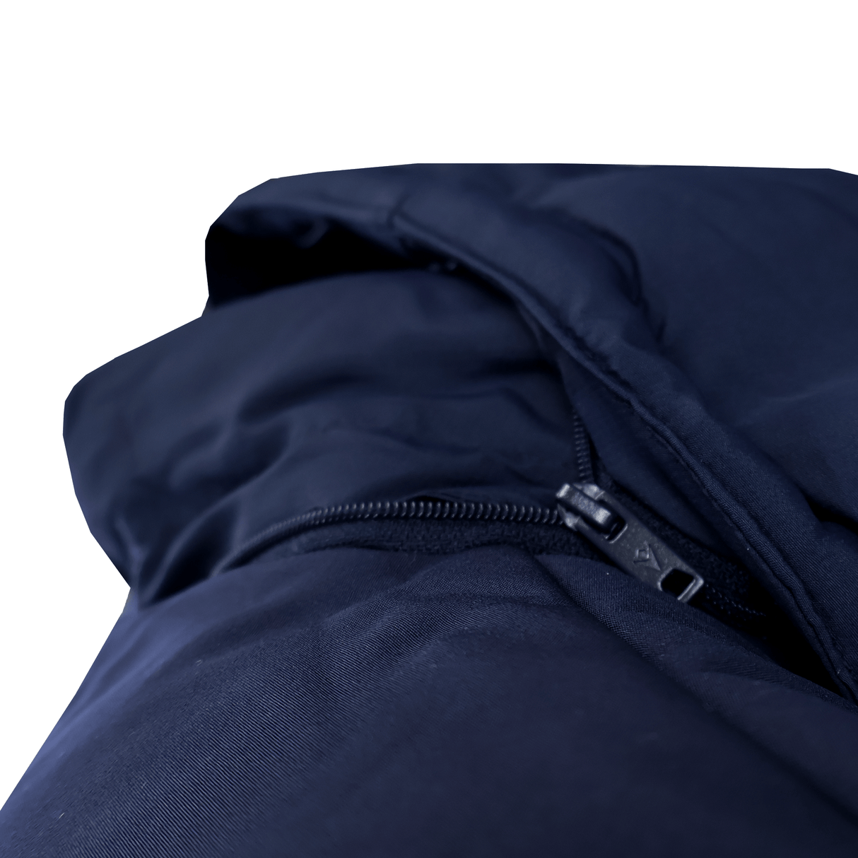 Close-up of the USA Rugby 25/26 Padded Jacket by Macron in navy blue, featuring quilted fabric and a partially unzipped zipper.