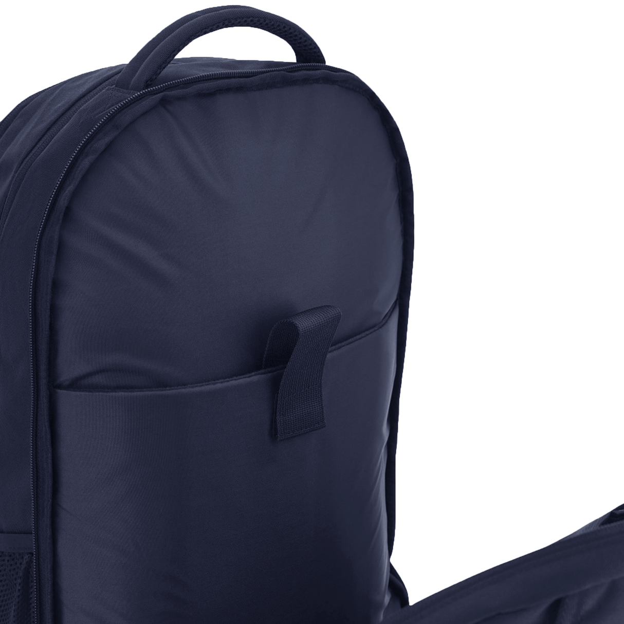 Close-up of the top section of the USA Rugby 25/26 Athleisure Backpack by Macron in navy blue, featuring a handle, a small front pocket with a fabric loop, and part of a shoulder strap.