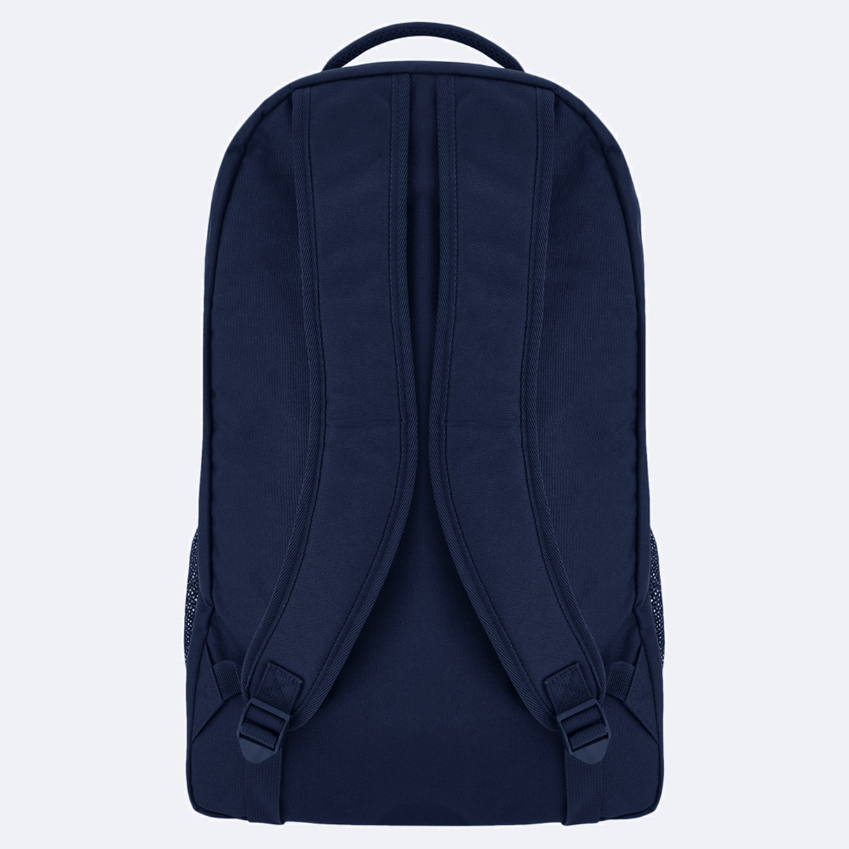 The USA Rugby 25/26 Athleisure Backpack by Macron is shown from the back in navy blue, with two padded shoulder straps and side mesh pockets, set against a plain light background.
