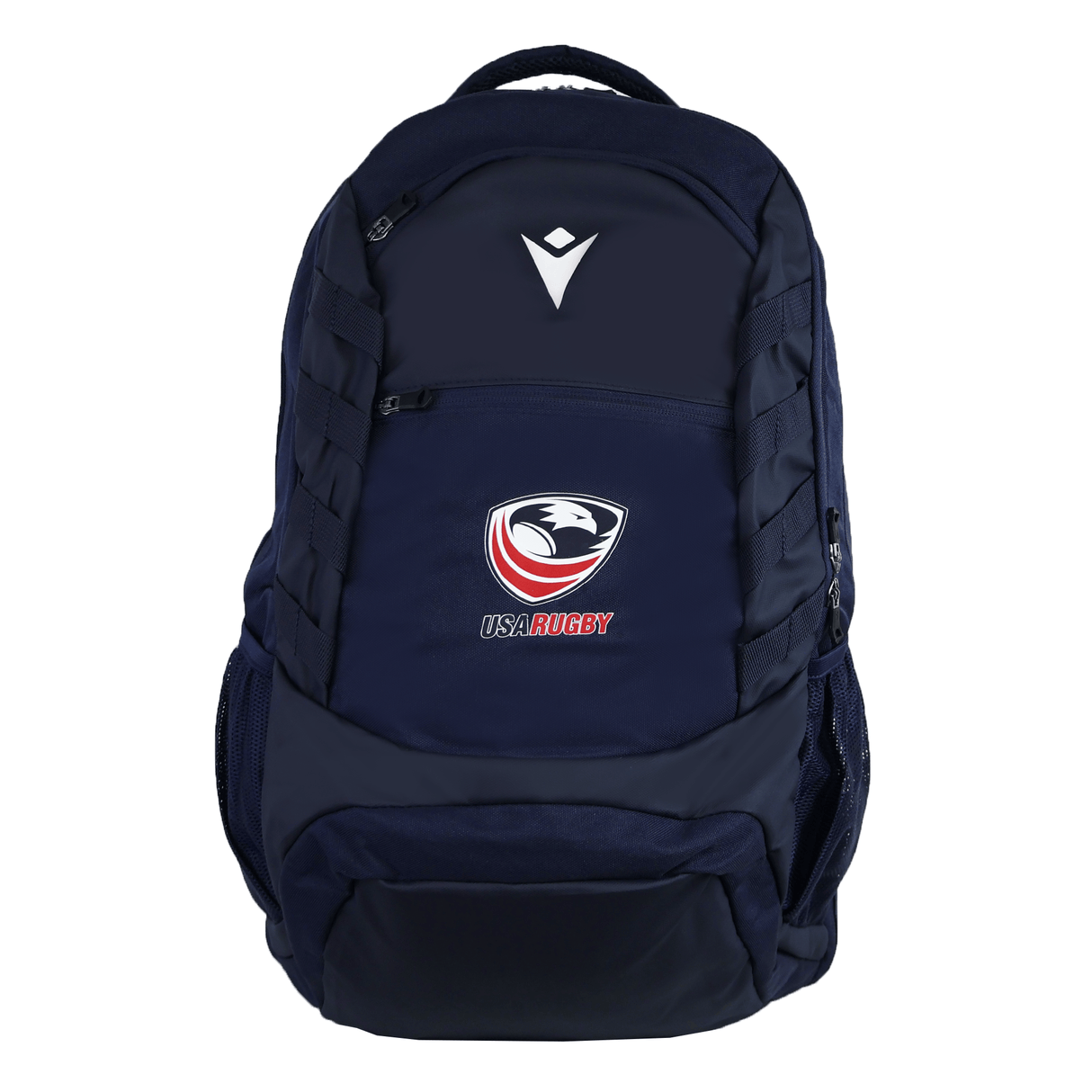 The USA Rugby 25/26 Athleisure Backpack by Macron is a navy blue bag with the USA Rugby logo and a white geometric front emblem, offering multiple zippered compartments and mesh side pockets for organized storage.