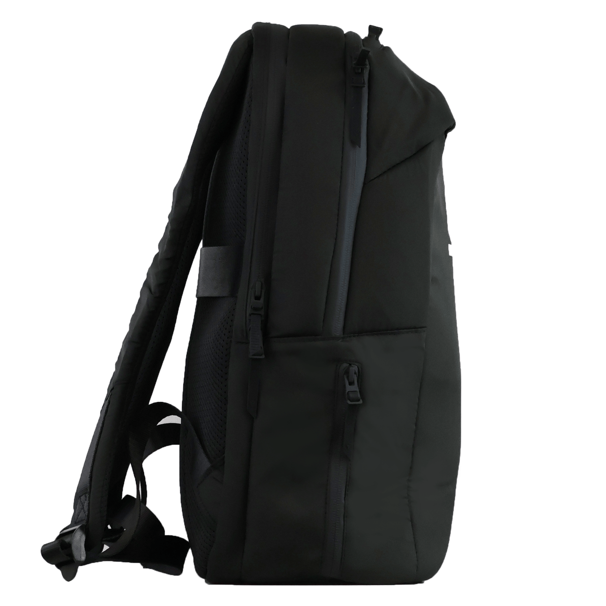 The USA Rugby 25/26 Staff Backpack by Macron is shown from the side in black, featuring multiple zippered compartments and padded shoulder straps.
