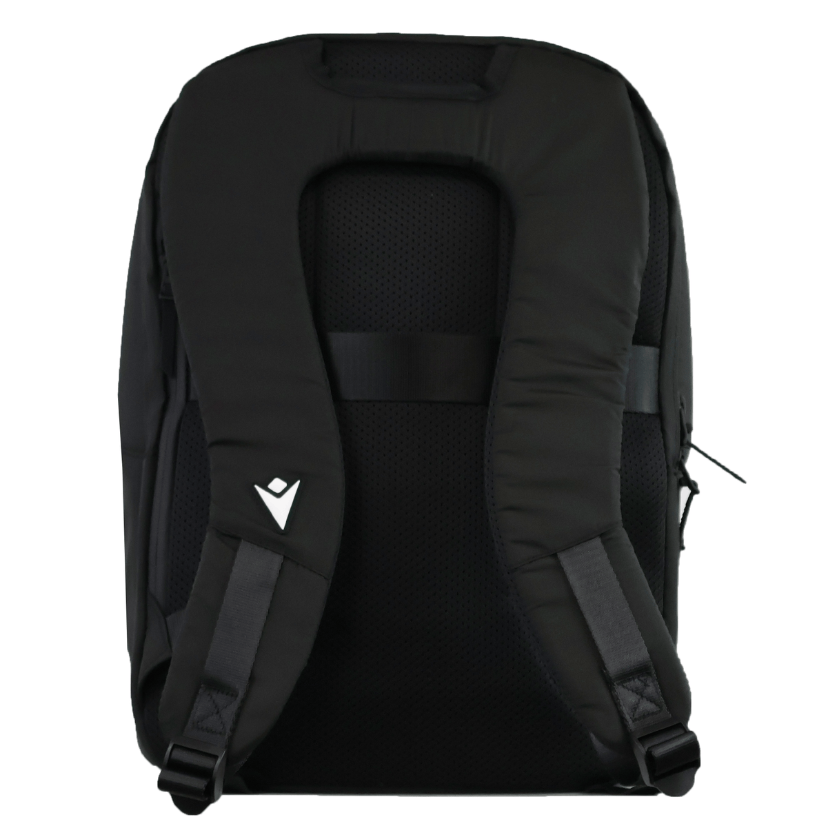 The USA Rugby 25/26 Staff Backpack by Macron is shown from the back, with padded shoulder straps, a chest strap, and a small white geometric logo on the left strap.