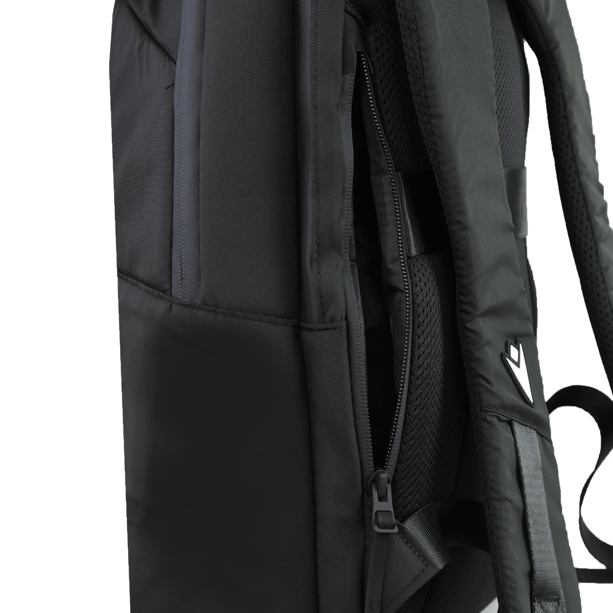 Close-up of the USA Rugby 25/26 Staff Backpack by Macron, highlighting its ergonomic design, partially unzipped side pocket, and padded shoulder straps.