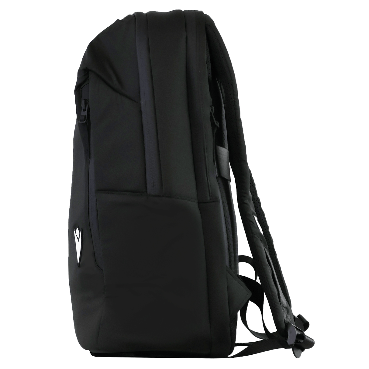The USA Rugby 25/26 Staff Backpack by Macron is a black ergonomic bag with padded shoulder straps and a small white Macron logo on the lower corner, shown from the side.