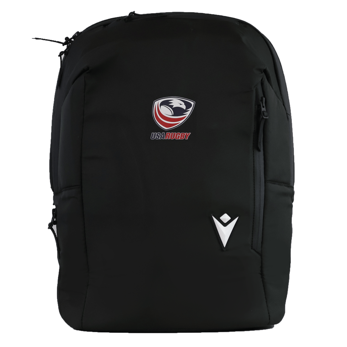 The USA Rugby 25/26 Staff Backpack by Macron is a black ergonomic backpack with the USA Rugby and Macron logos on the front, shown against a white background.