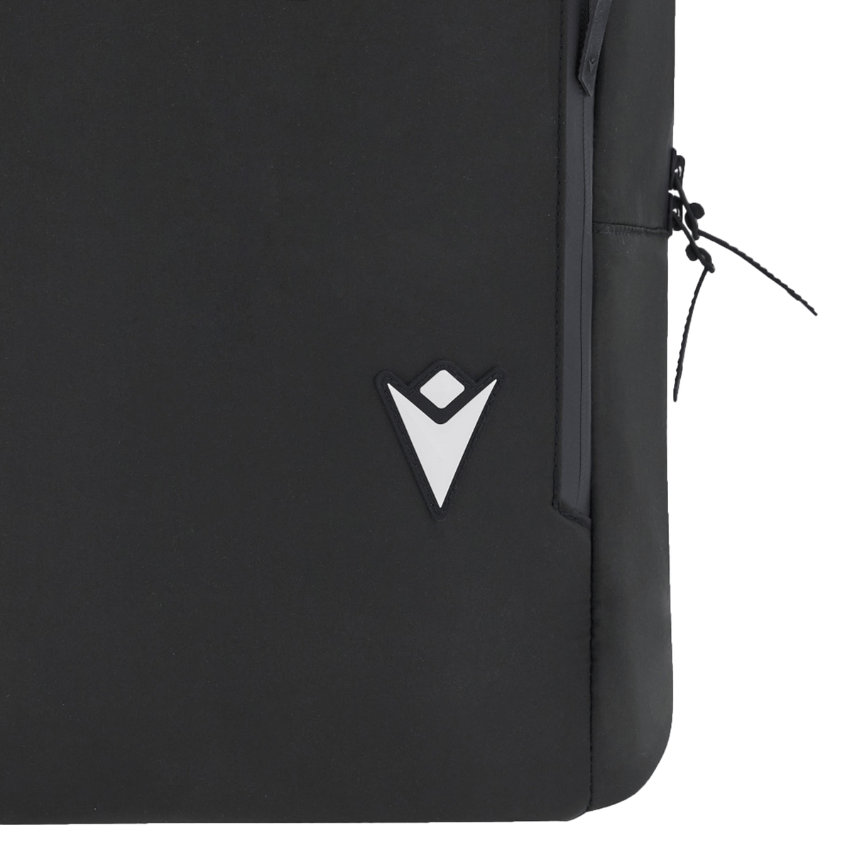 Close-up of the black USA Rugby 25/26 Staff Backpack by Macron, featuring a white geometric logo and a right-side zipper with a black pull cord.