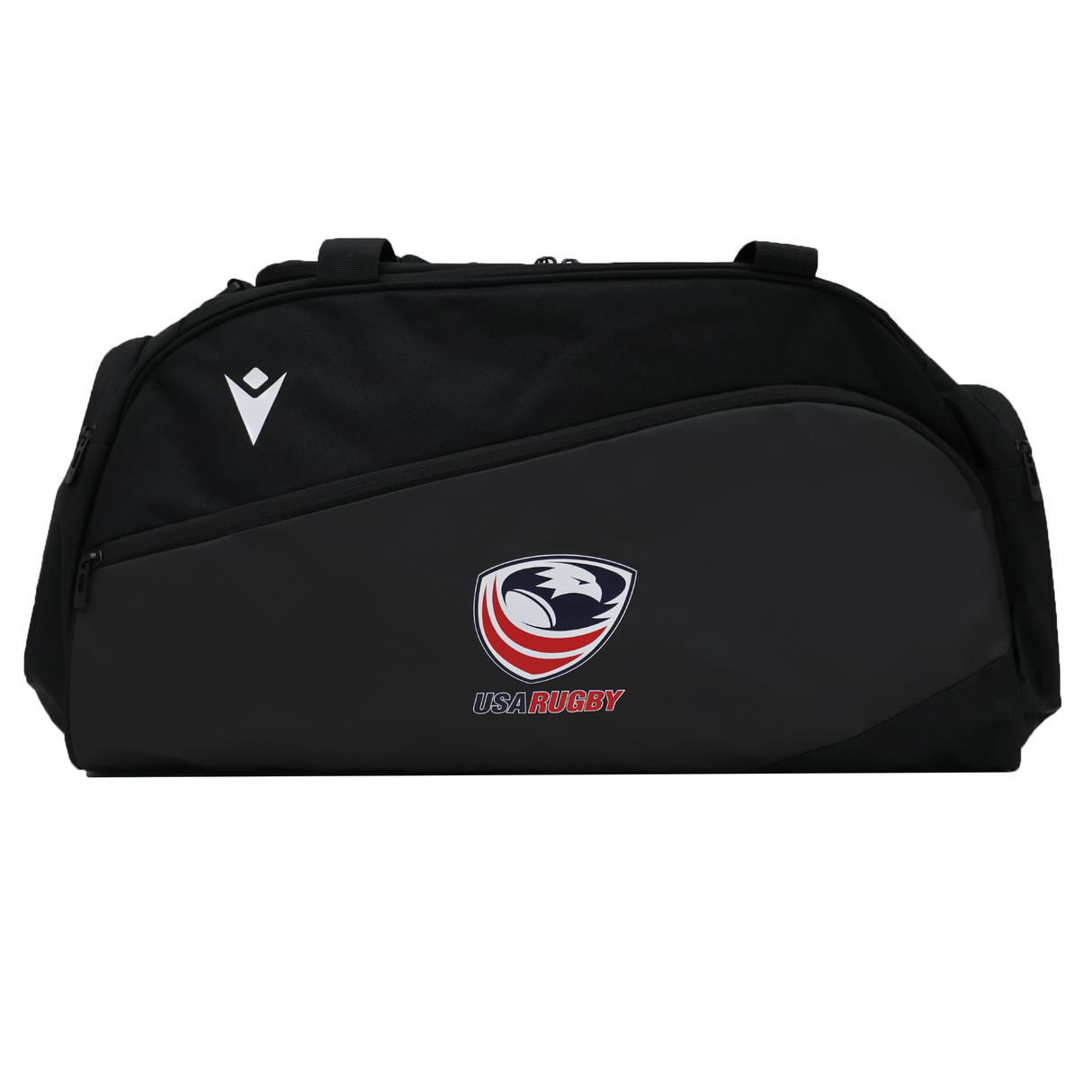 The USA Rugby 25/26 Athleisure Duffle Gym Bag by Macron features a bold USA Rugby logo and white Macron emblem—ideal for travel or the gym.
