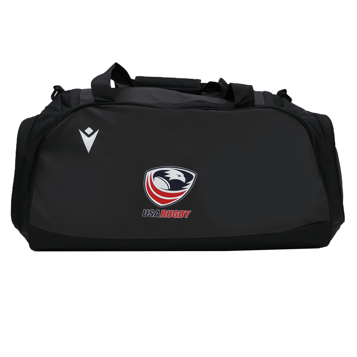 The USA Rugby 25/26 Athleisure Duffle Gym Bag by Macron features a sleek black design with a white chevron emblem, blending style and functionality—perfect for everyday use.