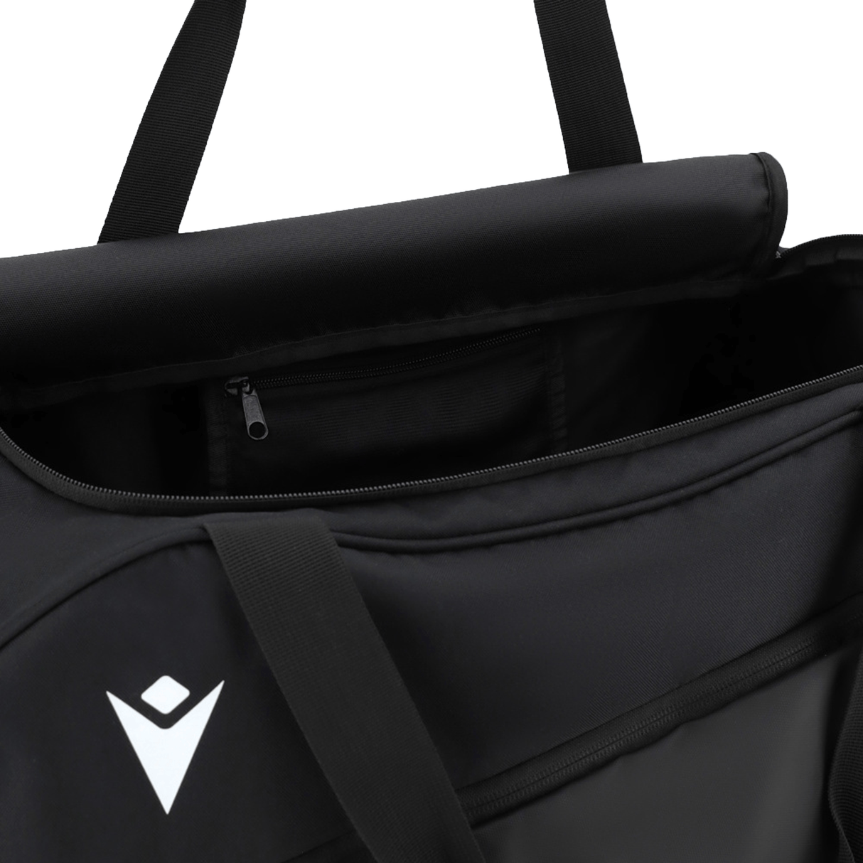 The USA Rugby 25/26 Athleisure Duffle Gym Bag by Macron features a black design with zippered inner pocket, white front logo, and black handles—ideal for stylish gym storage.