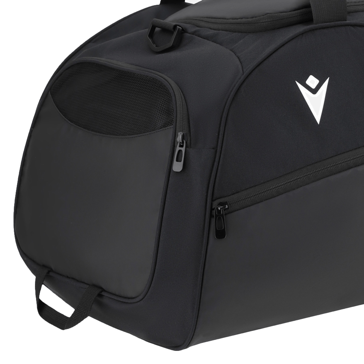 Close-up of the USA Rugby 25/26 Athleisure Duffle Gym Bag by Macron, featuring a side zip pocket, mesh ventilation panel, and a white USA Rugby logo.