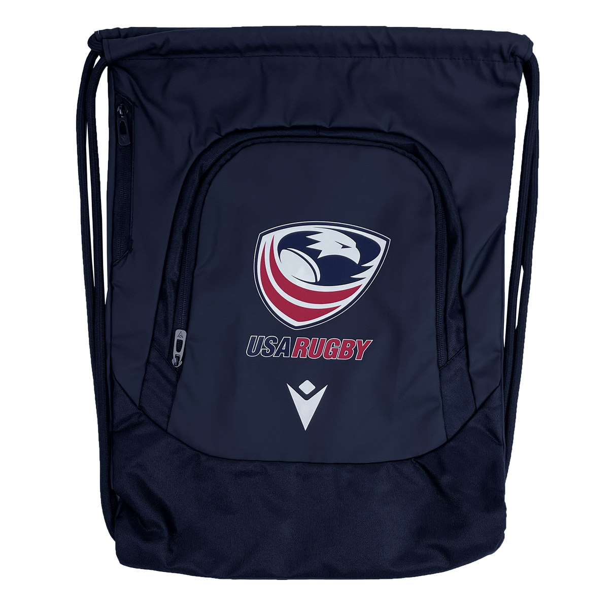 The USA Rugby 25/26 Athleisure Gym Sack by Macron is a navy blue drawstring bag with the USA Rugby eagle logo and "USARUGBY" text—ideal as a waterproof gym sack for rugby fans with an active lifestyle.