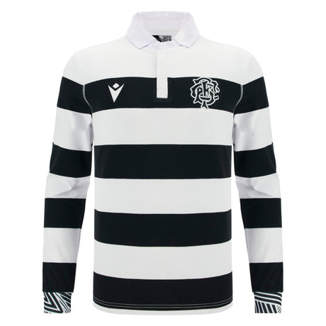 The Barbarians 25/26 Cotton Long Sleeve Home Jersey by Macron features classic black and white stripes, a white collar, two chest logos—ideal as the Barbarians' traditional home jersey.