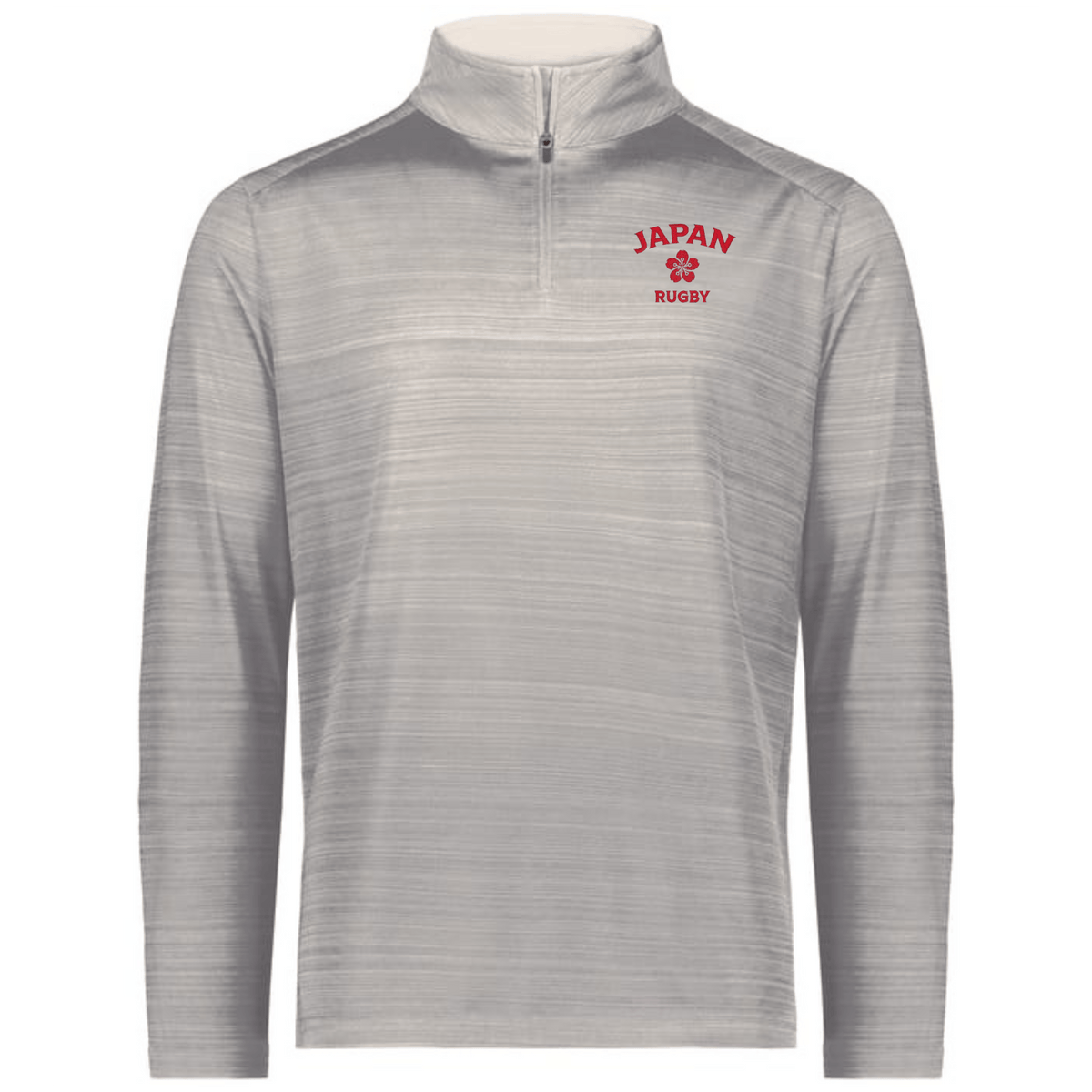 The EMB Augusta Nations of Rugby Japan Pursuit 1/4 Zip Pullover is light gray with "JAPAN RUGBY" and a red cherry blossom emblem on the left chest.