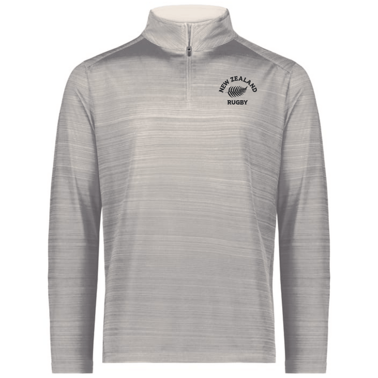 The EMB Augusta Nations of Rugby New Zealand Pursuit 1/4 Zip Pullover is light gray with "New Zealand Rugby" and a fern logo printed on the upper left chest.