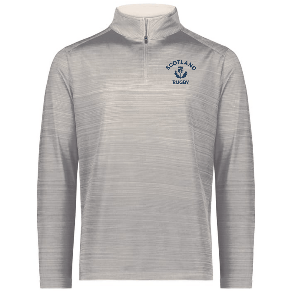 The EMB Augusta Nations of Rugby Scotland Pursuit 1/4 Zip Pullover features light gray fabric, a blue "Scotland Rugby" print and thistle emblem on the left chest, and classic rugby style.