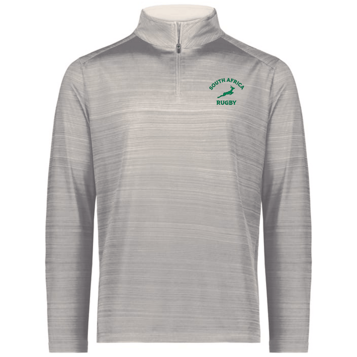 The Nations of Rugby South Africa Pursuit 1/4 Zip Pullover by EMB Augusta features a light gray long sleeve design with “South Africa Rugby” and a green springbok logo on the left chest.