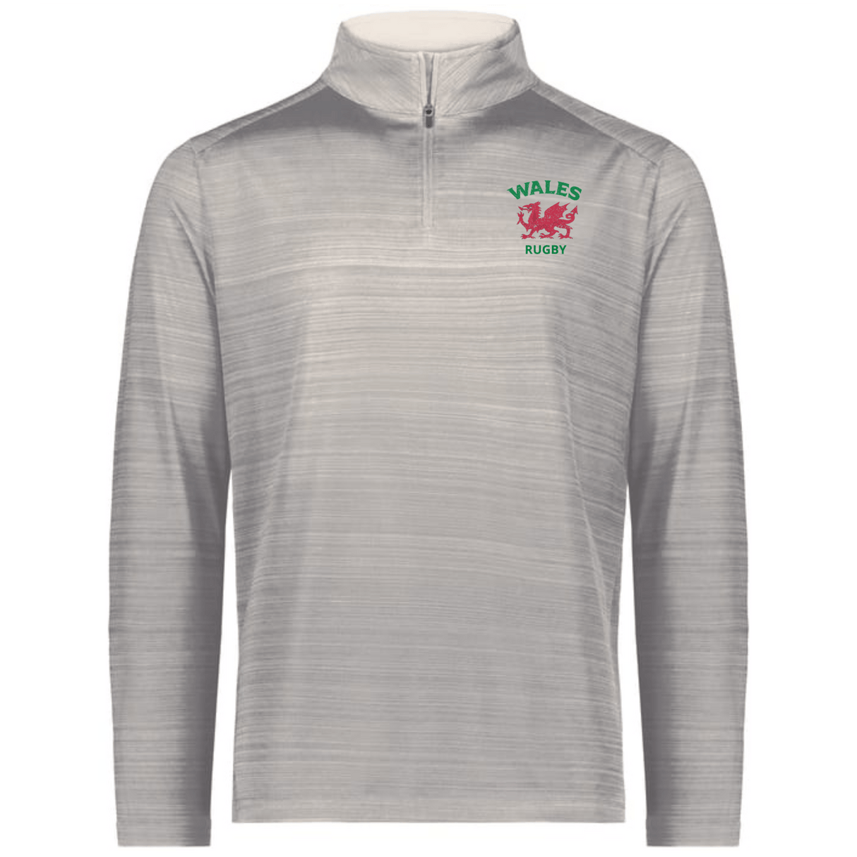 The EMB Augusta Nations of Rugby Wales Pursuit 1/4 Zip Pullover is light grey, featuring a bold "WALES RUGBY" logo and striking red Welsh dragons on the left chest.