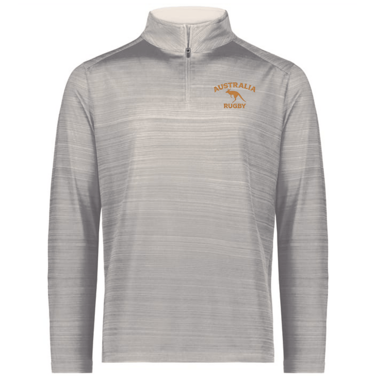 The EMB Augusta Nations of Rugby Australia Pursuit 1/4 Zip Pullover in light grey features “AUSTRALIA RUGBY” and a kangaroo logo in orange—perfect for Rugby Australia fans and proud supporters.