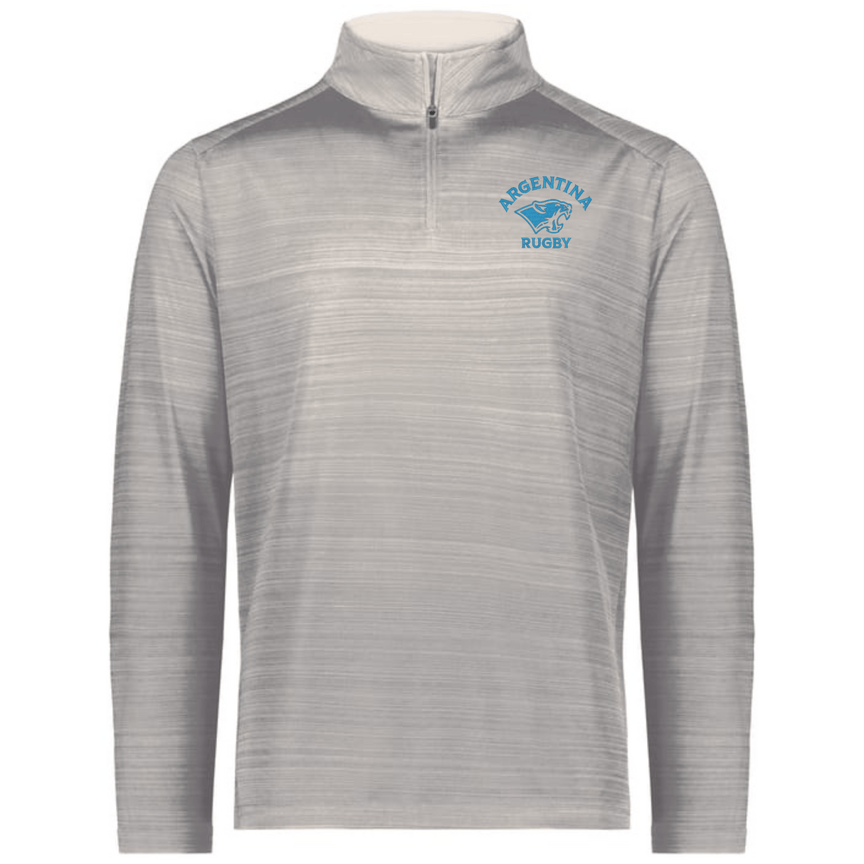 The EMB Augusta Nations of Rugby Argentina Pursuit 1/4 Zip Pullover is a light gray, long-sleeve top featuring a blue Argentina Rugby logo on the left chest.