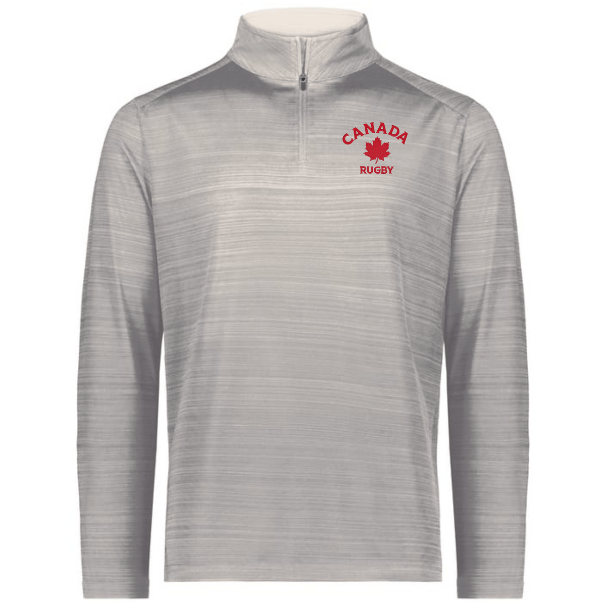 The EMB Augusta Nations of Rugby Canada Pursuit 1/4 Zip Pullover in light gray features "CANADA RUGBY" and a red maple leaf logo—perfect for Rugby Canada and Nations of Rugby fans.