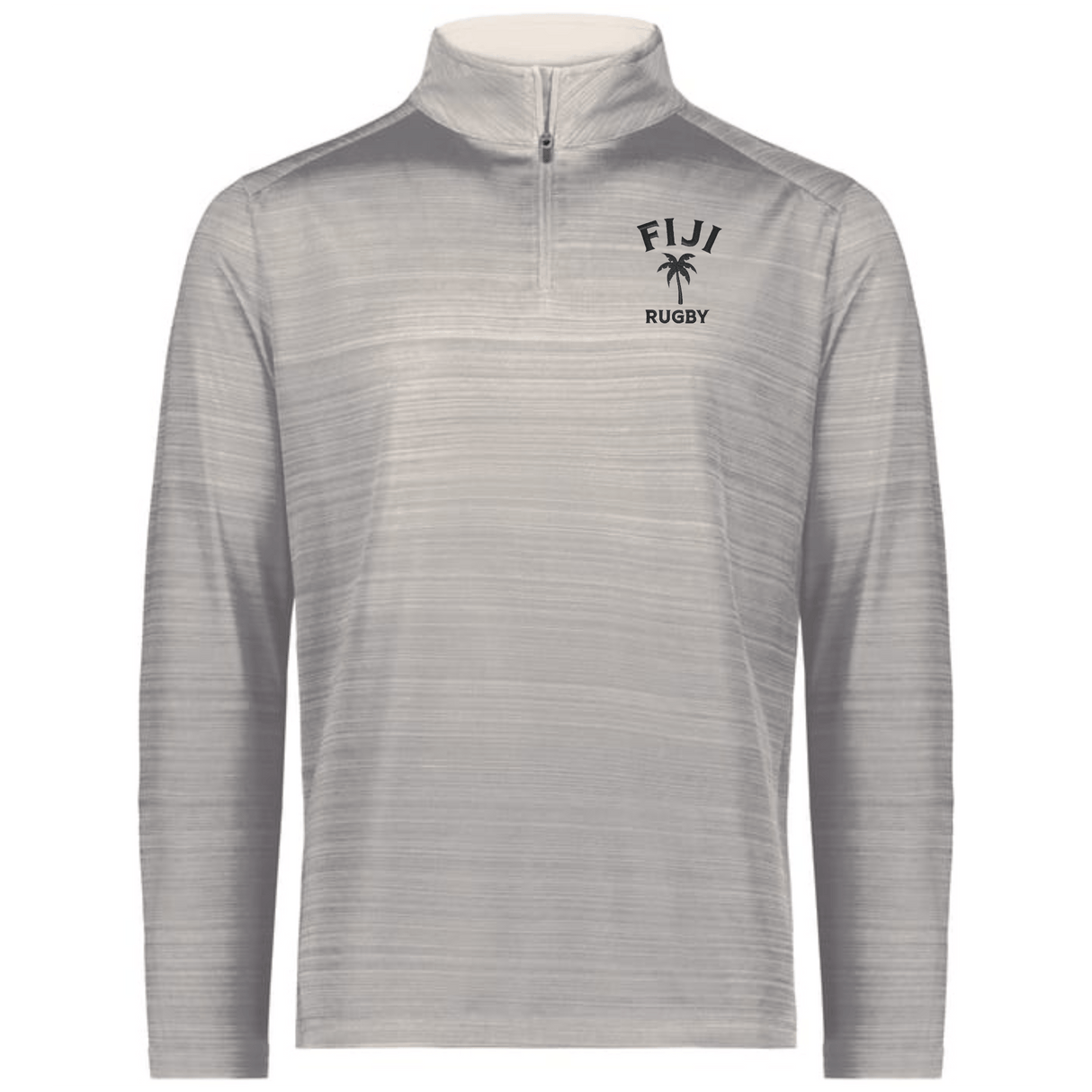 The EMB Augusta Nations of Rugby Fiji Pursuit 1/4 Zip Pullover is a light gray long-sleeve featuring "FIJI RUGBY" and a palm tree logo on the left chest.