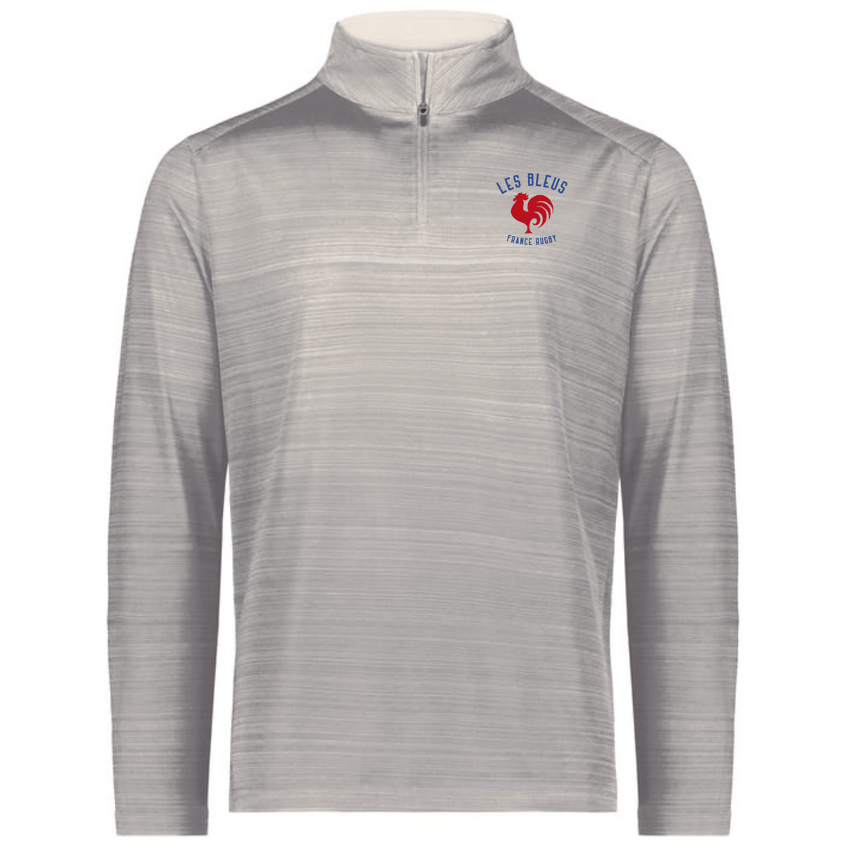 The EMB Augusta Nations of Rugby Les Bleus Pursuit 1/4 Zip Pullover, in light gray, features "LES BLEUS FRANCE RUGBY" and a red rooster logo on the left chest—ideal for passionate fans.