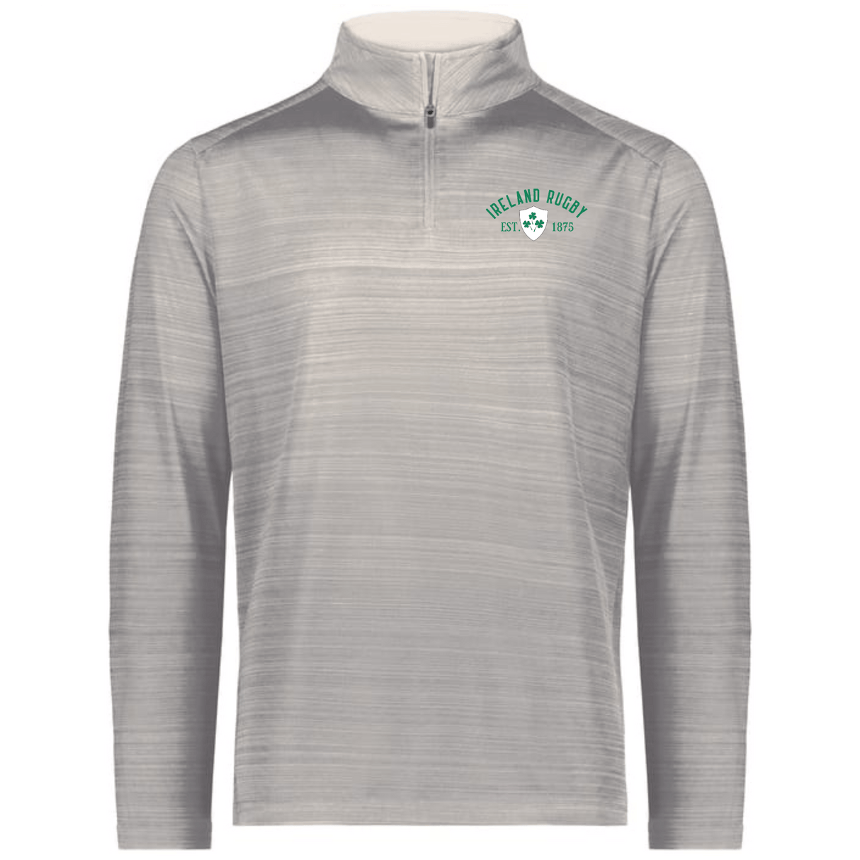The EMB Augusta Nations of Rugby Ireland Est 1875 Pursuit 1/4 Zip Pullover is a light gray top featuring "Ireland Rugby Est. 1875" and a green shamrock logo on the left chest, honoring Ireland’s rugby legacy.