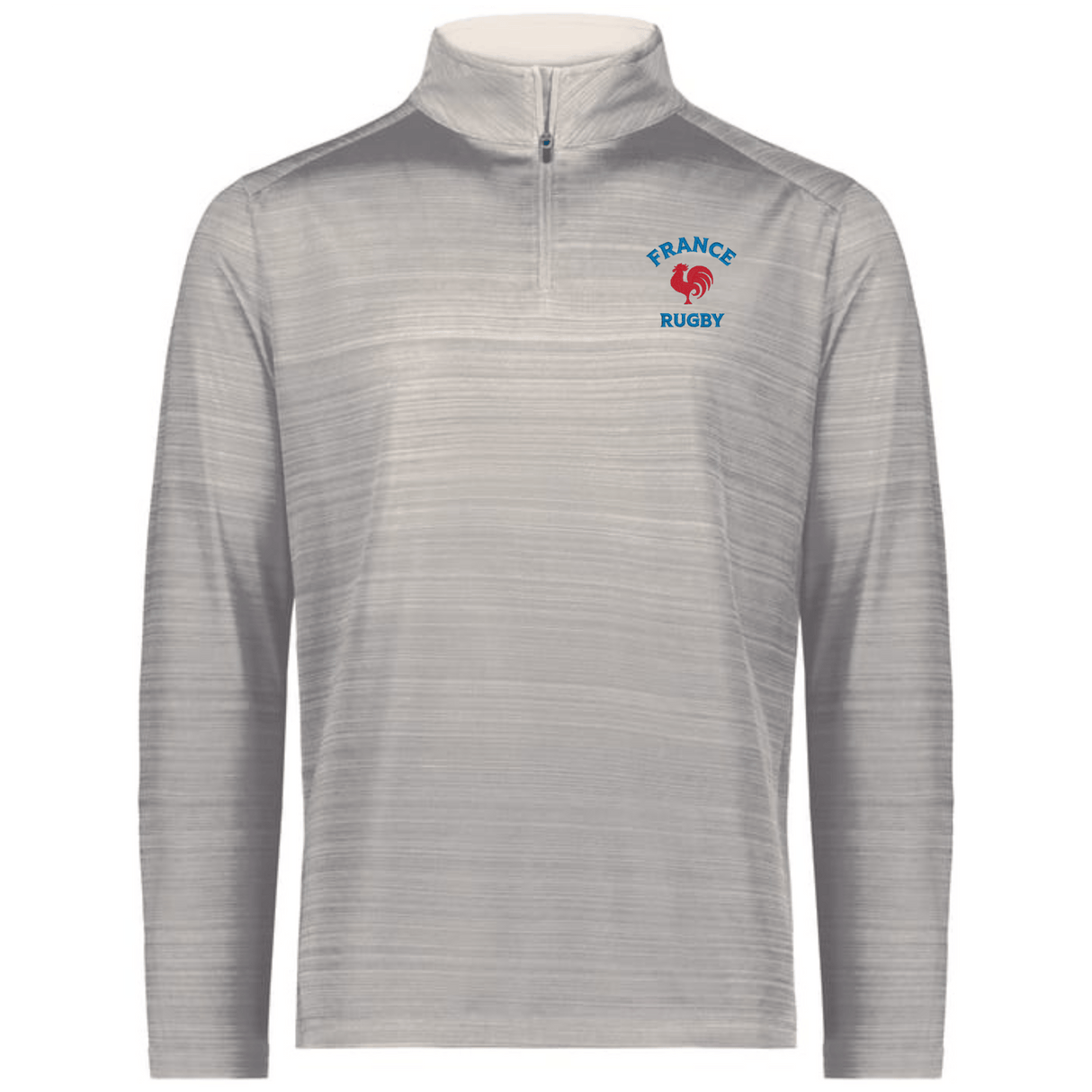 The EMB Augusta Nations of Rugby France Pursuit 1/4 Zip Pullover in light grey features "FRANCE RUGBY" text, a red rooster logo on the left chest, and moisture-wicking fabric for comfort.