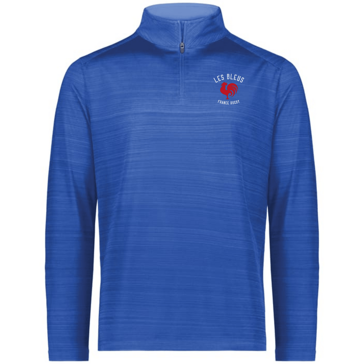 The EMB Augusta Nations of Rugby Les Bleus Pursuit 1/4 Zip Pullover is a blue long-sleeve featuring "LES BLEUS FRANCE RUGBY" and a red emblem on the left chest.