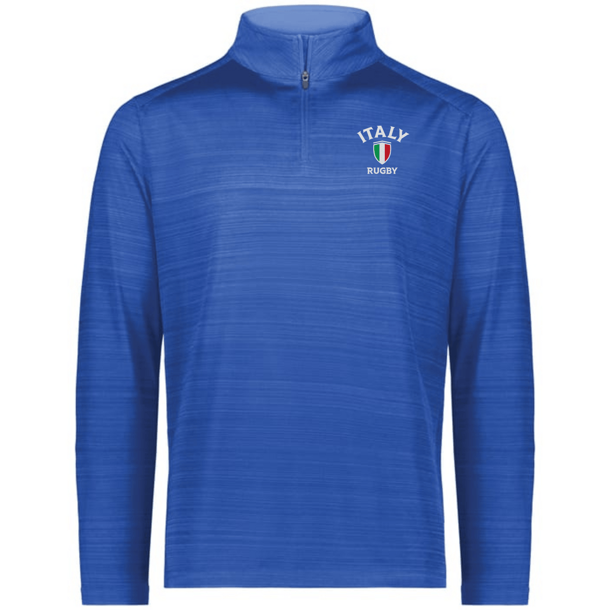 The EMB Augusta Nations of Rugby Italy Pursuit 1/4 Zip Pullover is a blue top with “Italy Rugby” and a shield logo embroidered on the left chest, celebrating Italian rugby heritage.