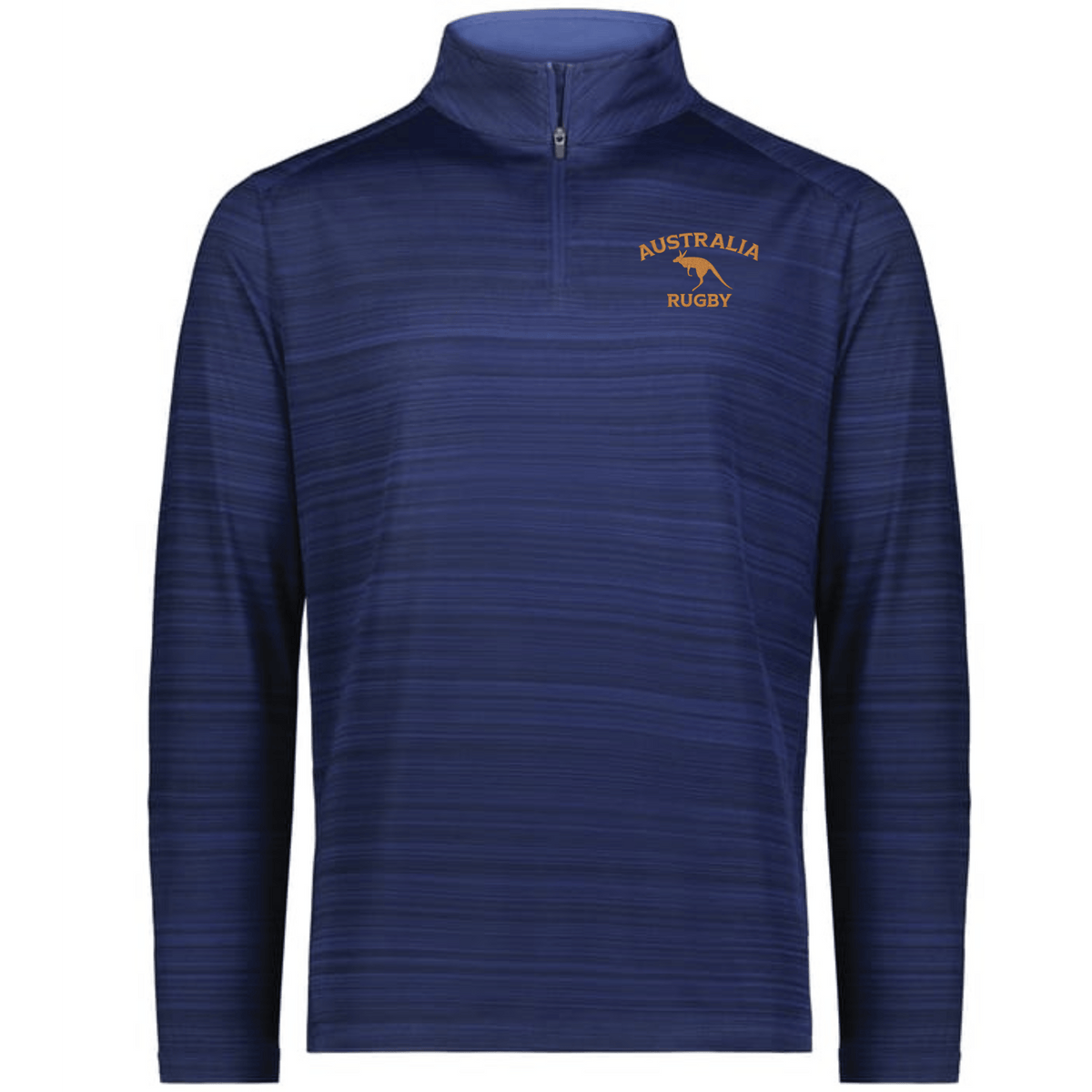 The EMB Augusta Nations of Rugby Australia Pursuit 1/4 Zip Pullover is a navy, long-sleeve top with "AUSTRALIA RUGBY" and a yellow kangaroo logo—perfect for fans wanting to show their Rugby Australia pride.