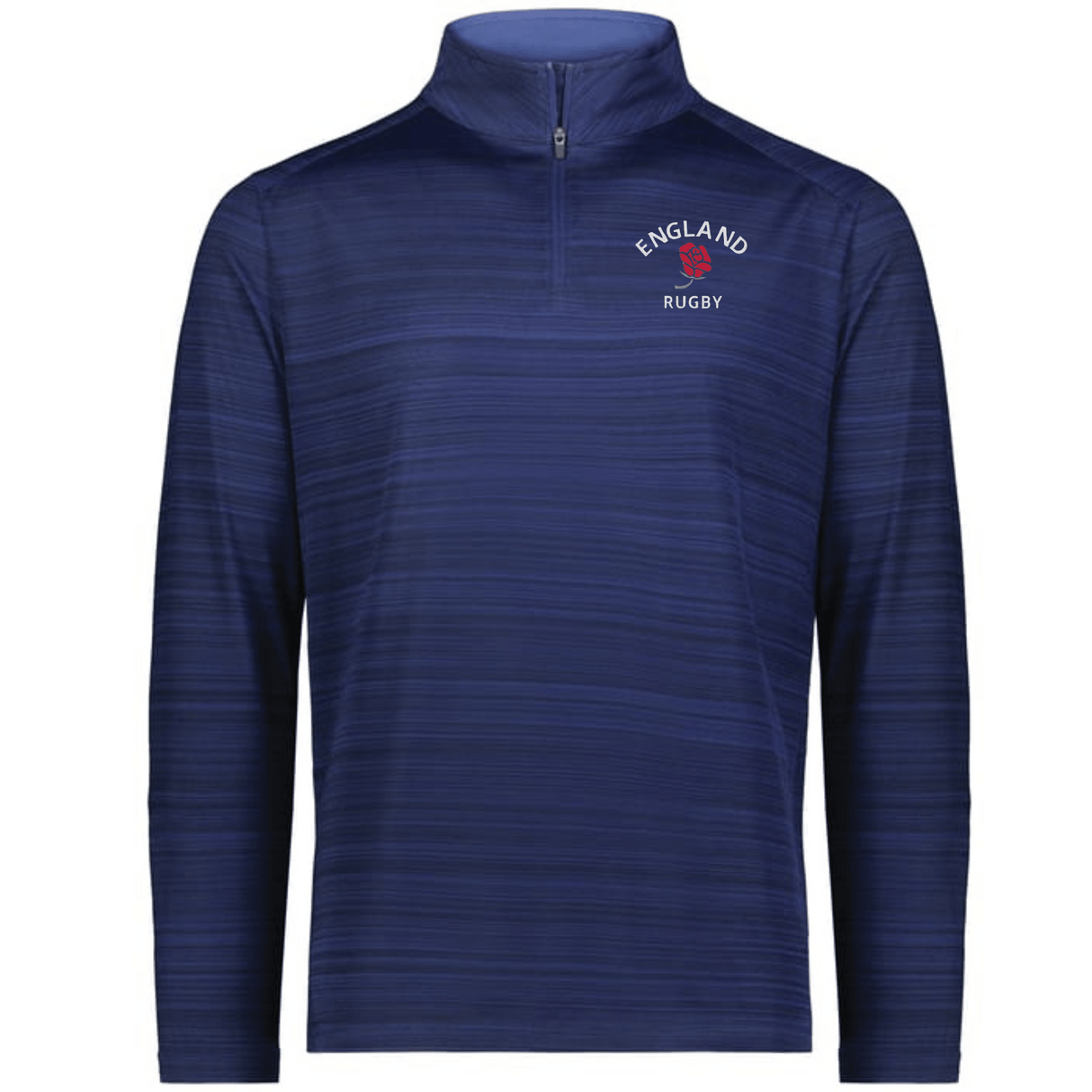 Show your support in the EMB Augusta Nations of Rugby England Pursuit 1/4 Zip Pullover—navy blue, long sleeves, with "ENGLAND RUGBY" and the red rose logo on the left chest. Perfect for devoted fans!.