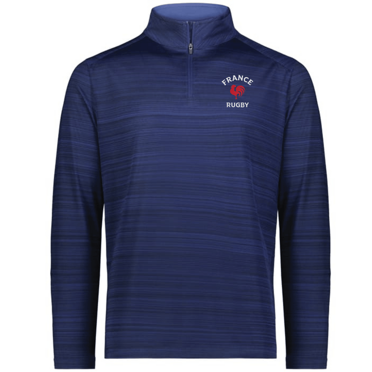 Support Rugby France with the EMB Augusta Nations of Rugby France Pursuit 1/4 Zip Pullover—navy blue, featuring "France Rugby" and a red rooster logo on the left chest. A standout from the Nations of Rugby collection.