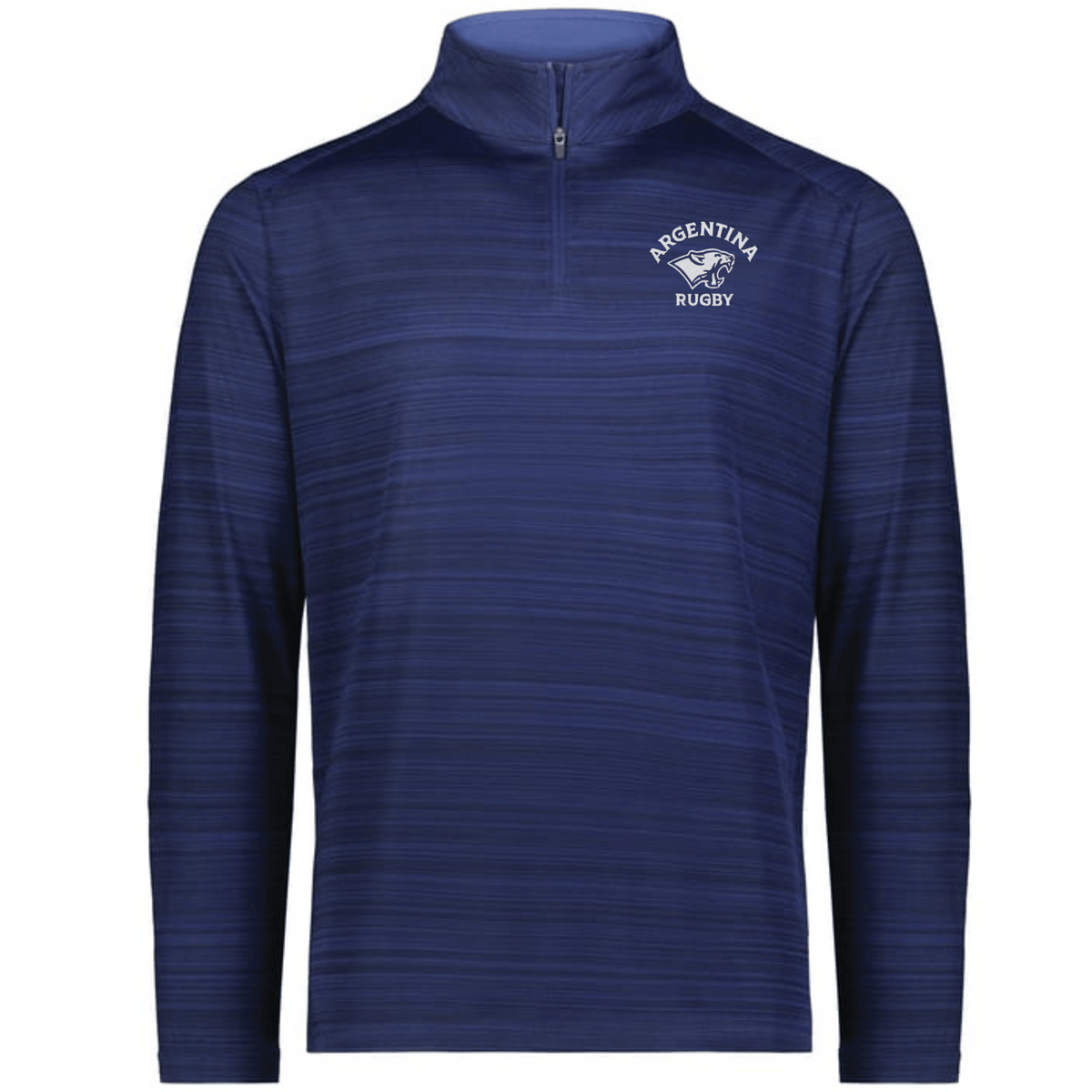 The EMB Augusta Nations of Rugby Argentina Pursuit 1/4 Zip Pullover is a blue long-sleeve shirt with subtle horizontal stripes and the "Argentina Rugby" logo on the left chest.