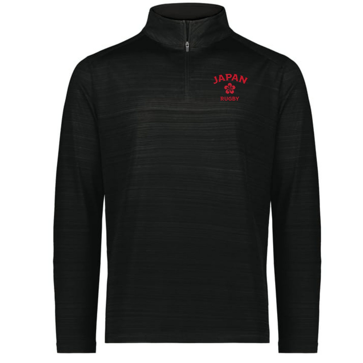 The EMB Augusta Nations of Rugby Japan Pursuit 1/4 Zip Pullover is a black top with "JAPAN RUGBY" and a red cherry blossom logo on the left chest—ideal for showcasing your rugby pride.