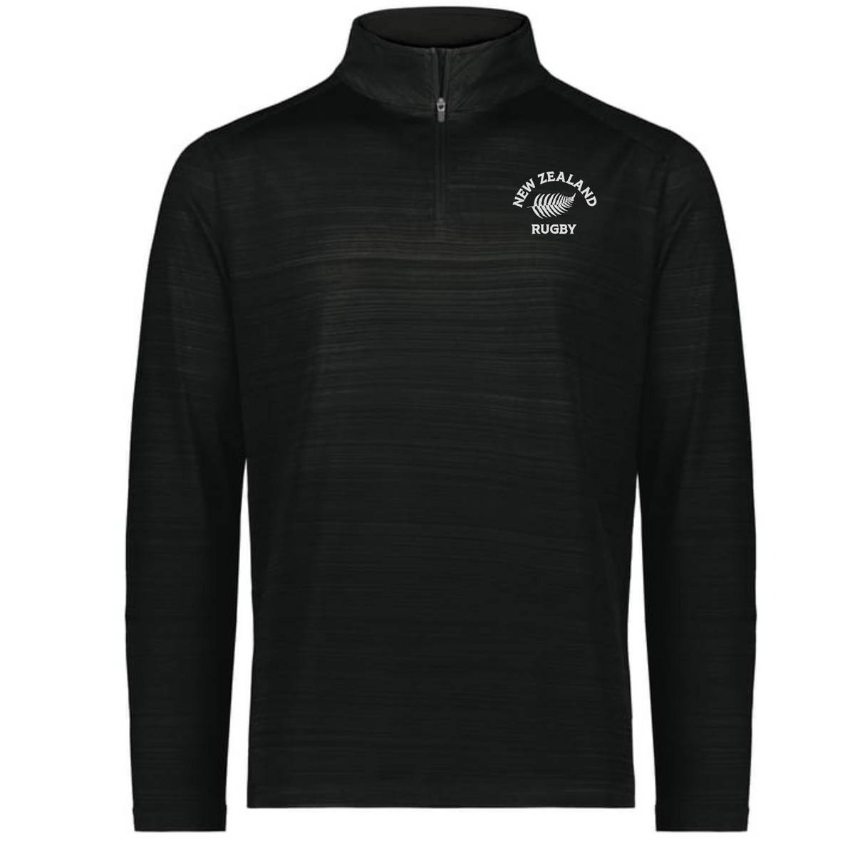 The EMB Augusta Nations of Rugby New Zealand Pursuit 1/4 Zip Pullover is a black top featuring "New Zealand Rugby" and a silver fern logo on the left chest.