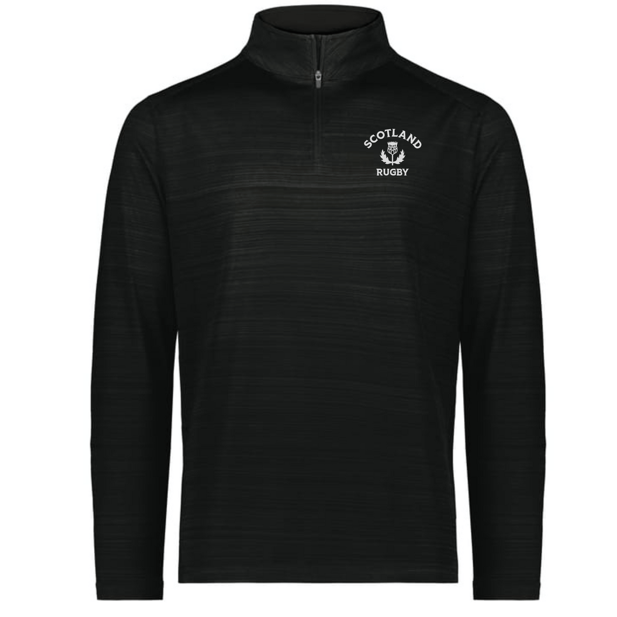 The EMB Augusta Nations of Rugby Scotland Pursuit 1/4 Zip Pullover features black long sleeves and a white thistle logo with "Scotland Rugby" on the left chest—a classic from the Nations of Rugby collection.