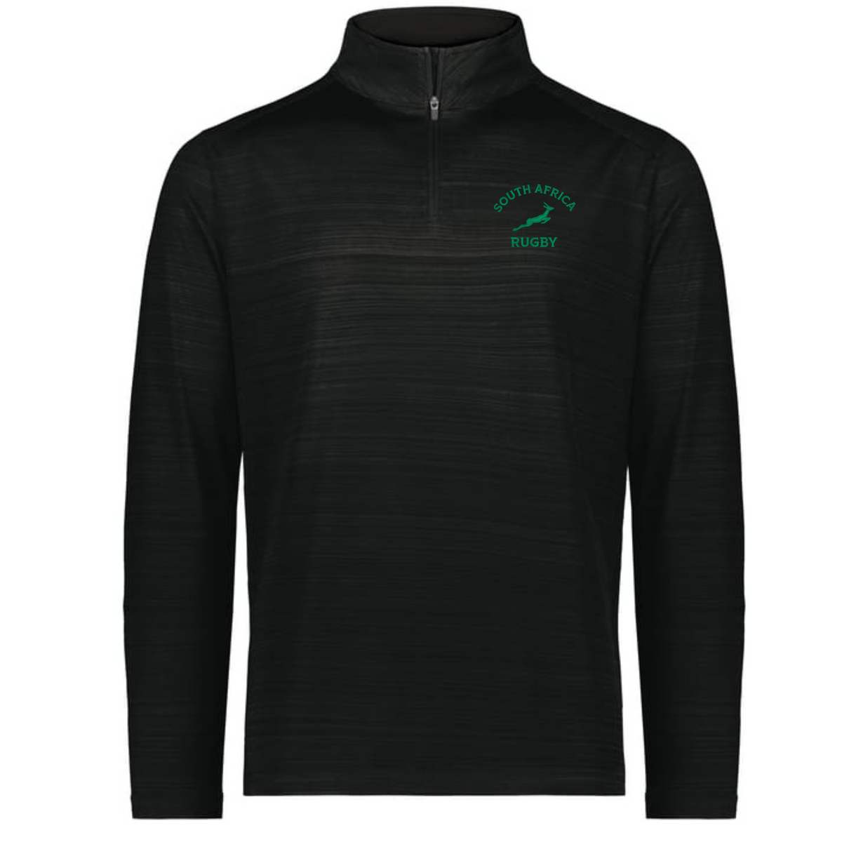 The EMB Augusta Nations of Rugby South Africa Pursuit 1/4 Zip Pullover features a black long-sleeve design with a green "South Africa Rugby" springbok logo on the chest—perfect for dedicated rugby fans.