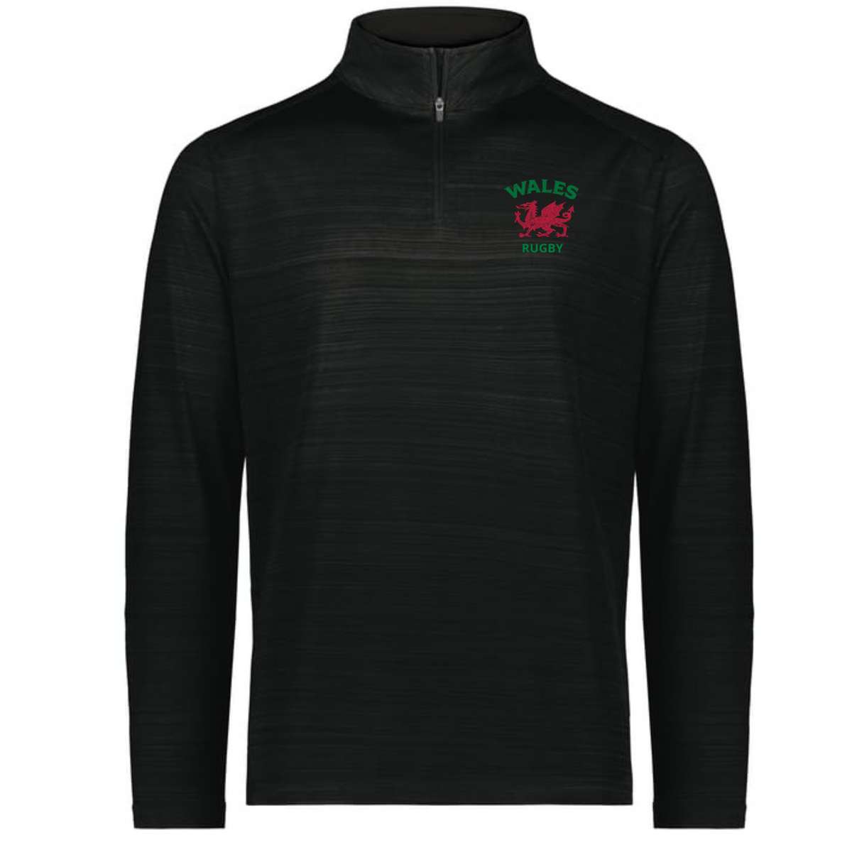 The EMB Augusta Nations of Rugby Wales Pursuit 1/4 Zip Pullover features a black design with a red Welsh dragon and green "WALES RUGBY" text on the chest—perfect for fans.