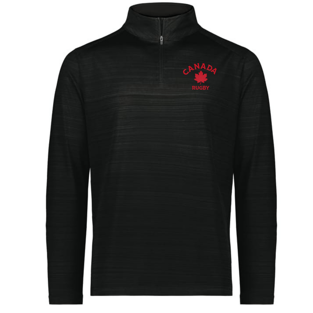 The EMB Augusta Nations of Rugby Canada Pursuit 1/4 Zip Pullover is black, with "CANADA RUGBY" and a red maple leaf logo on the left chest.