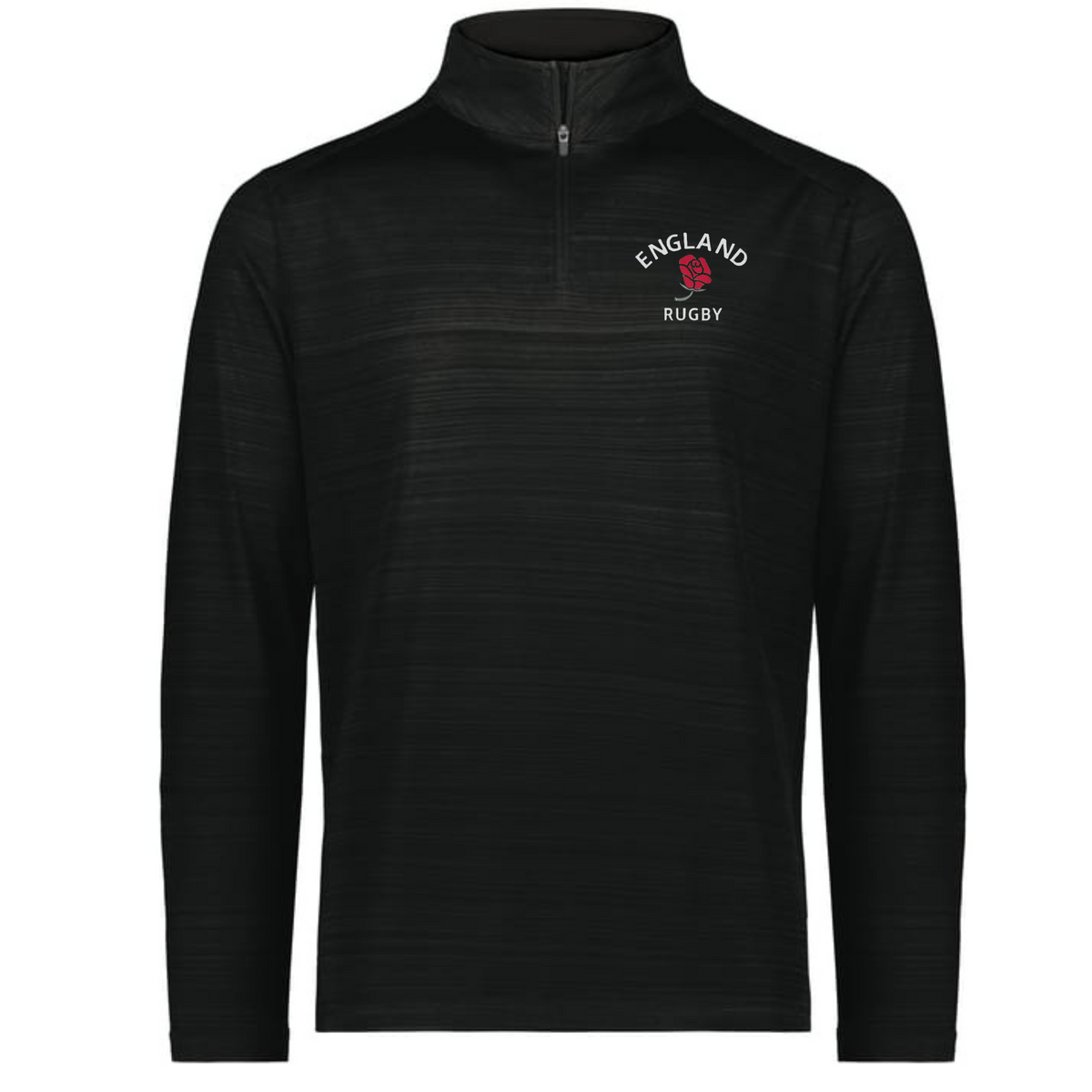 The EMB Augusta Nations of Rugby England Pursuit 1/4 Zip Pullover is a black long-sleeve top with "England Rugby" and a red rose logo on the left chest.