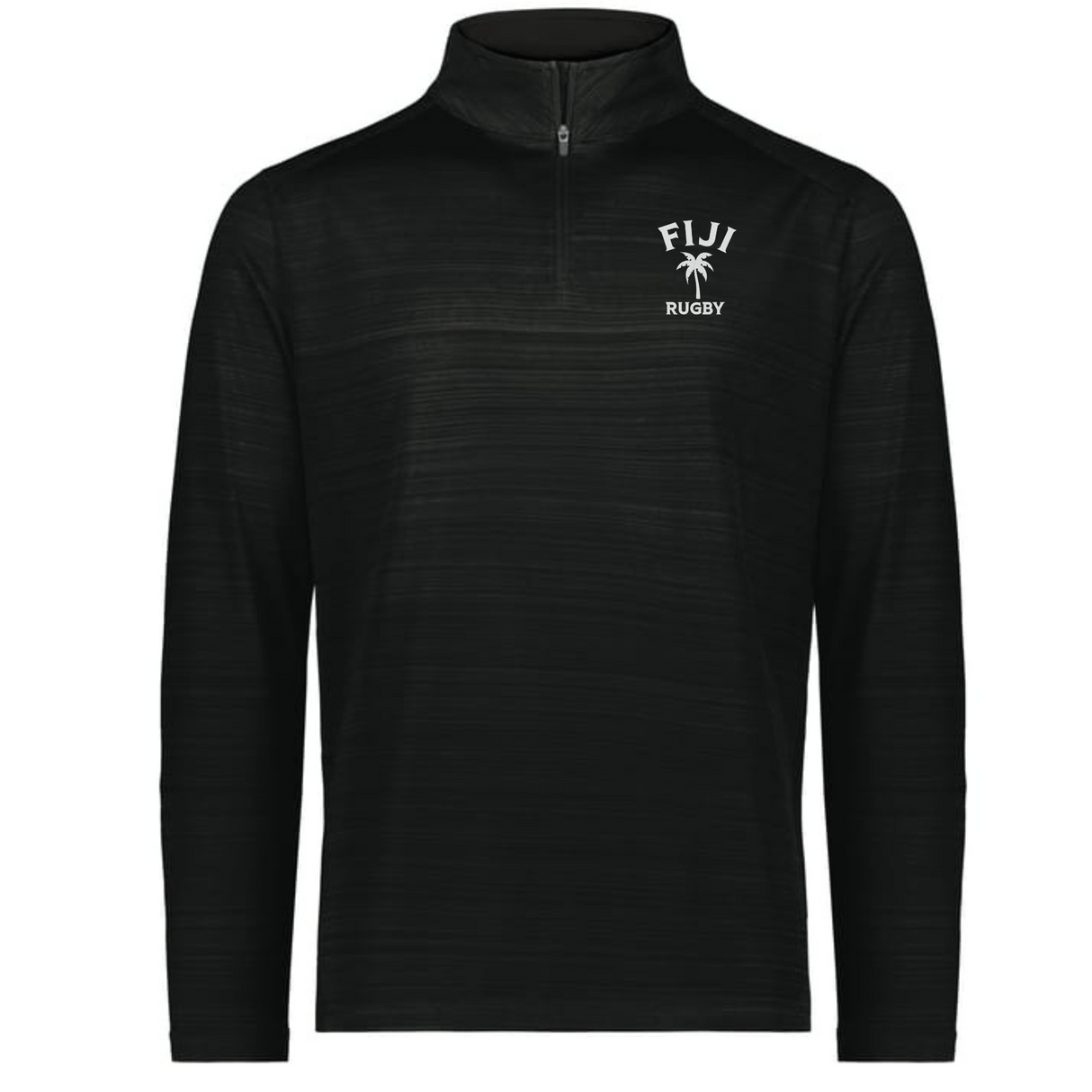 The EMB Augusta Nations of Rugby Fiji Pursuit 1/4 Zip Pullover is a black long-sleeve with "FIJI RUGBY" and a white palm tree graphic on the left chest.
