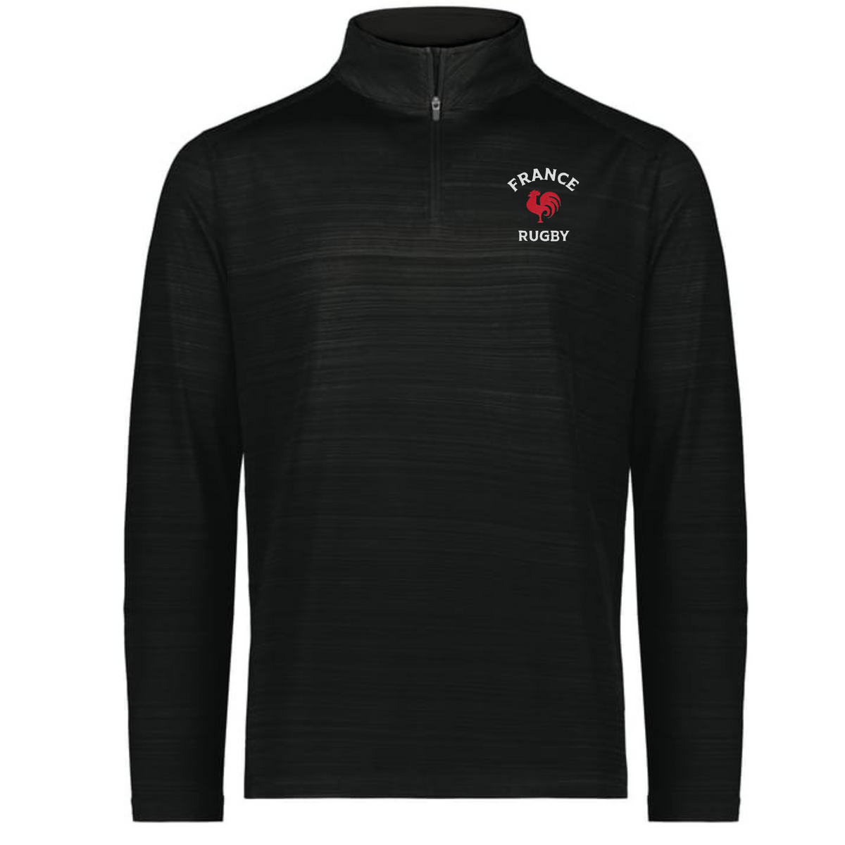 The EMB Augusta Nations of Rugby France Pursuit 1/4 Zip Pullover features a black design with a "FRANCE RUGBY" logo and red rooster emblem on the left chest—ideal for Rugby France fans and Nations of Rugby supporters.